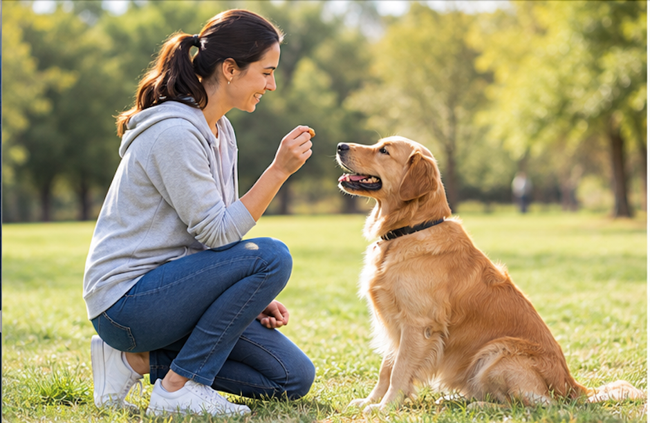 Owner rewarding a dog during an outdoor training session