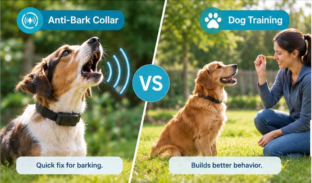 Dog parent observing a barking dog's behavior and identifying the trigger. Natural home environment, no product branding.