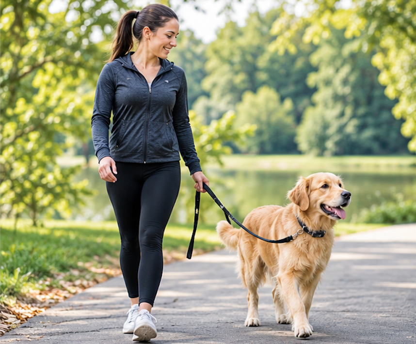Dog and owner walking calmly together on a loose leash