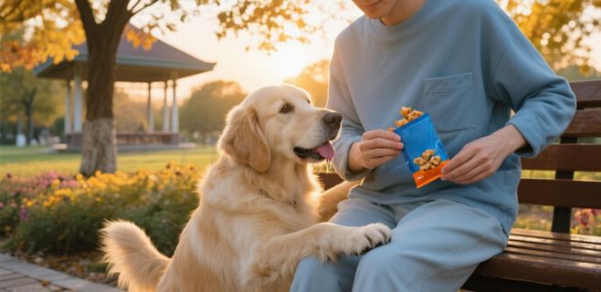 A dog owner using positive reinforcement to train their dog outdoors — The Claw Co. Beginner's Guide to Dog Training