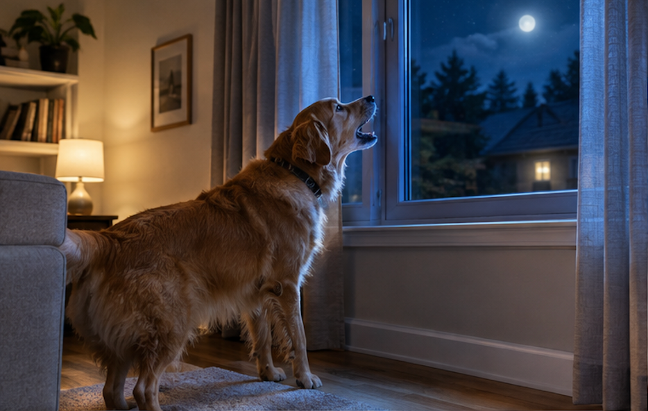 Alert dog looking toward a window at night in a quiet home