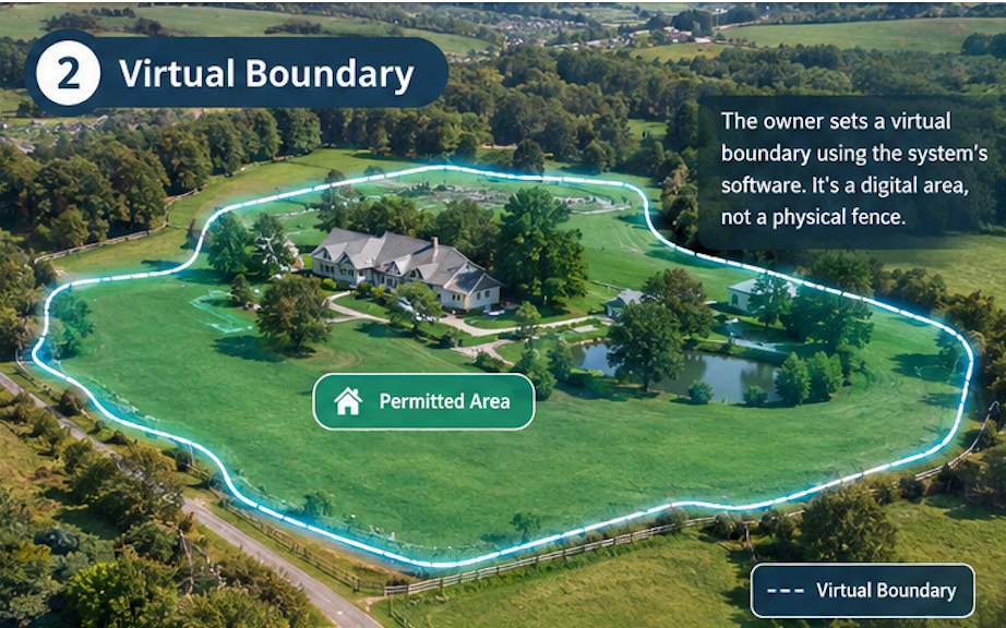 Dog safely inside a virtual GPS boundary on an outdoor property