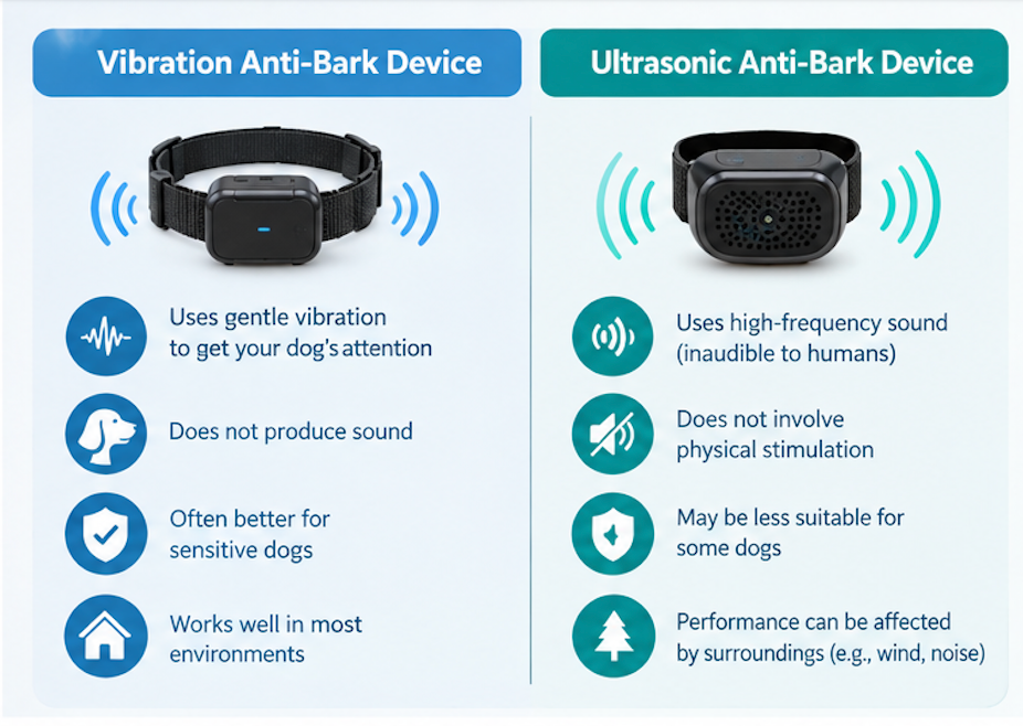Conceptual comparison of a vibration anti-bark device and an ultrasonic bark-control device used around a dog