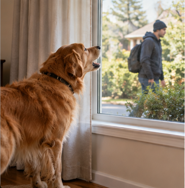 Owner using reward-based training while a dog calmly observes a stranger outdoors