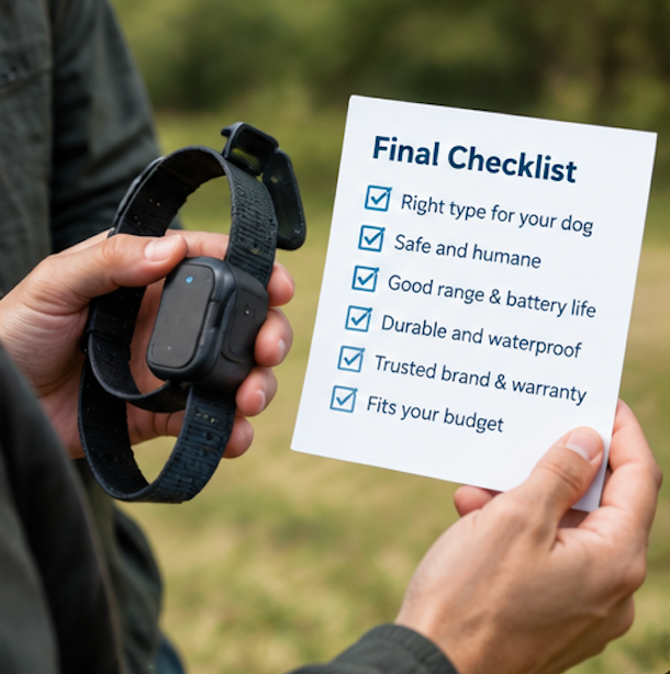 Person holding a dog training collar and a final buying checklist covering collar type, safety, range and battery life, durability, warranty, and budget