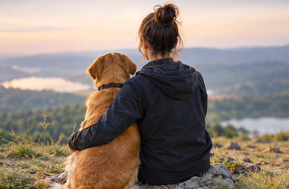 Dog owner sitting beside a golden retriever after a calm outdoor training session