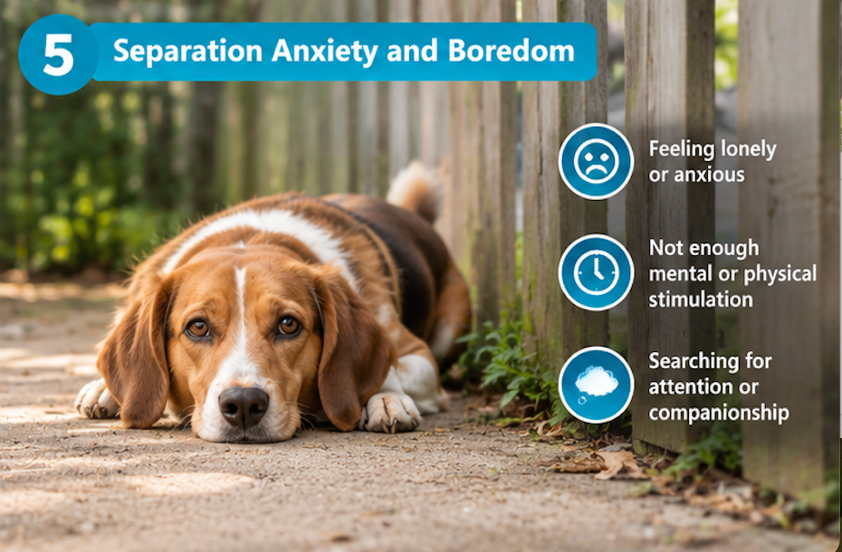 Calm dog safely staying in a secure yard with owner nearby