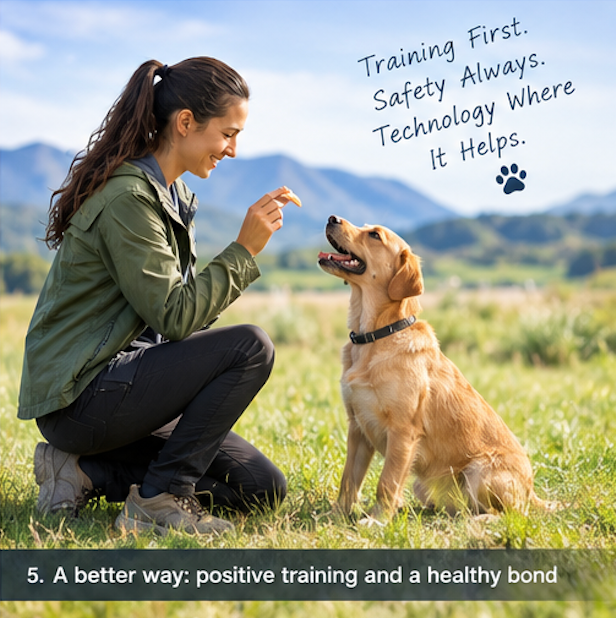 Owner rewarding a golden retriever during outdoor training, emphasizing training first and safety always
