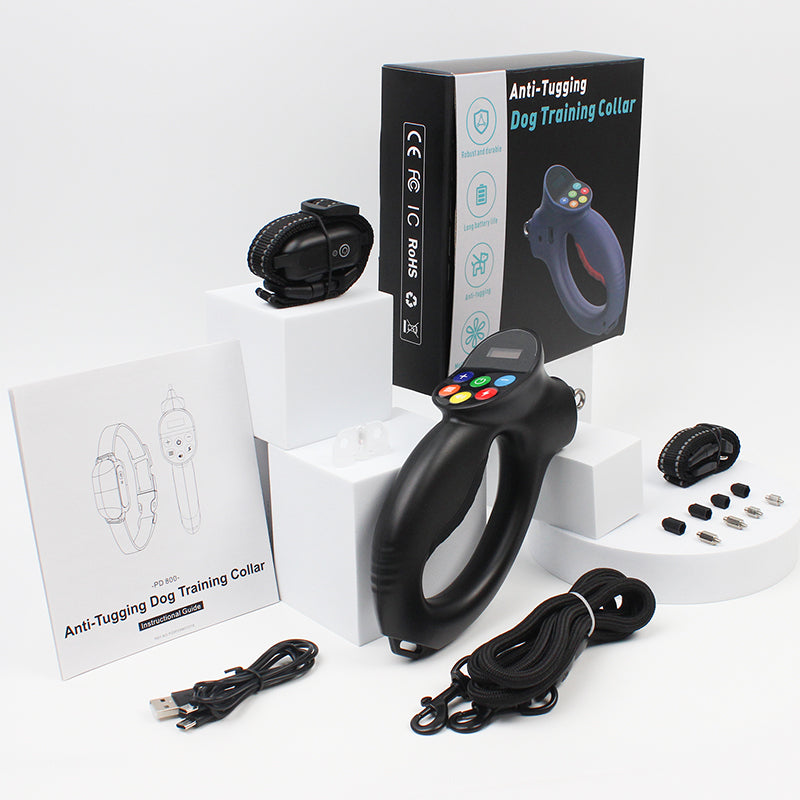 PD800 Anti-Tugging Dog Training Collar — full unboxing with remote, collar, charging cable, and accessories