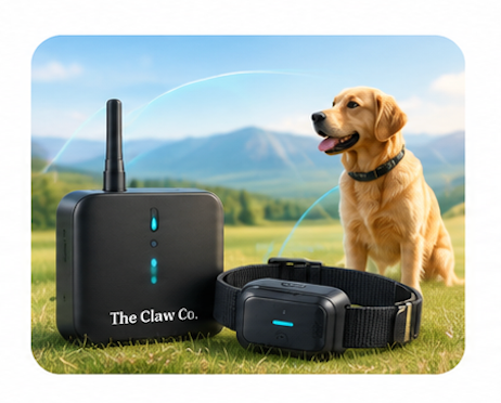 The Claw Co. wireless dog fence system transmitter and collar receiver in an outdoor field