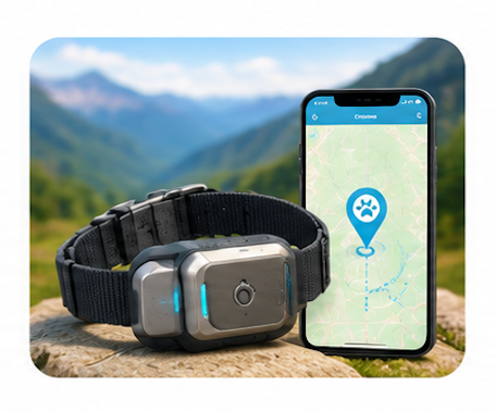 GPS dog tracking collar on a rock beside a smartphone displaying live map location