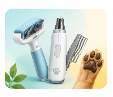 Pet grooming kit including deshedding brush, electric trimmer, comb, and dog paw 